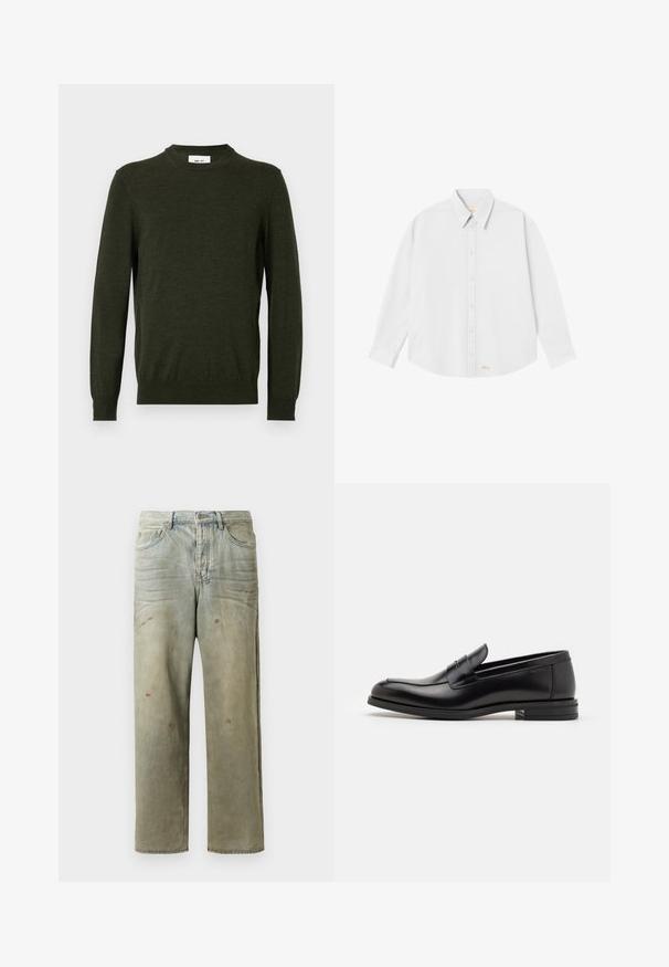 Temno zelena jopica iz teksturirane volnene mešanice, z okroglim izrezom in dolgimi rokavi, z rebrastimi manšetami in robom.; Bela srajca s kragnjo, dolgimi rokavi in okroglim robom; na spodnjem levem delu je majhen oranžen logo.; Utrujeni denim kavbojke v svetlo zeleni barvi, s ravnimi nogavicami, petimi žepi in neenakomernim bledenjem ter madeži barve.; Črne usnjene loafer čevlje z gladko teksturo, zaobljenim nosom in dekorativnim trakom čez zgornji del. Nizka zložena peta, minimalističen dizajn.