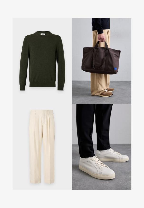 Pull vert foncé en mélange de laine texturée, avec un col rond et des manches longues, doté de poignets et d'un ourlet côtelés.; NN.07 KAY - Pantalon classique - off white; Baskets en cuir beige clair avec des lacets plats, une surface texturée et une semelle en caoutchouc crème contrastante, associées à un pantalon noir fuselé.; Sac fourre-tout en nylon marron avec doubles poignées, fermeture éclair et un patch logo bleu. Texture lisse, design structuré, intérieur spacieux.