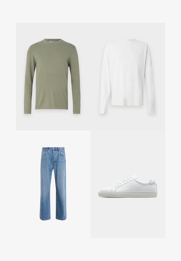 Pulover s dolgimi rokavi v olivno zeleni barvi, izdelan iz mehkega pletenega materiala. Ima okrogel izrez in rebraste manšete ter gladko teksturo po celotni površini.; Bela bombažna srajca z dolgimi rokavi in okroglo ovratnikom, z bočnimi razporki na dnu in gladko teksturo, prikazana s hrbtne strani.; Svetlo modre denim kavbojke s ravno nogavico, petimi žepi, z gumbom za zapiranje, minimalnim zbledelostjo in kontrastnimi šivi.; Bela športna obutev z gladkim usnjenim zgornjim delom in nizkim profilom. Ima zaokrožen nos, šest lukenj za vezalke in teksturiran gumijast podplat.