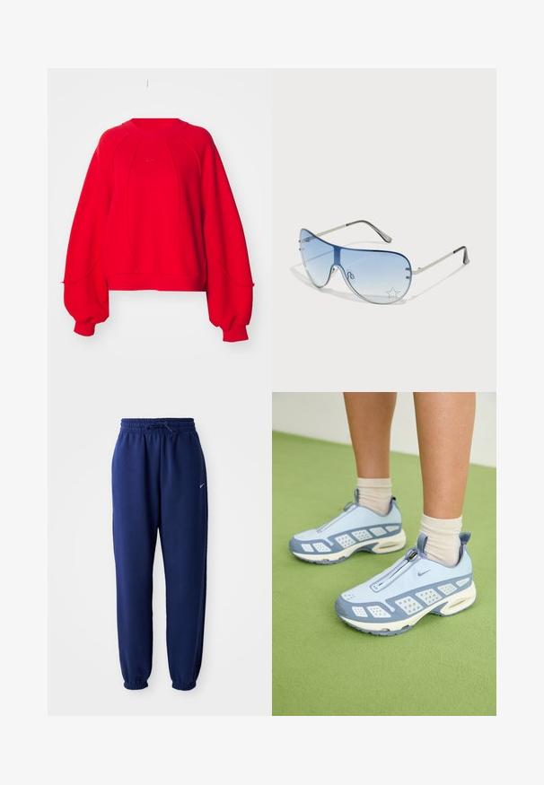 Nike Sportswear Sweater - university red; Marineblauwe joggingbroek van zachte stof, met een elastische tailleband met trekkoord, elastische boorden en een klein wit logo.; Lichtblauwe sportieve schoenen met witte accenten, textuurpanelen en een ritsluiting. Voorzien van een zichtbare luchtkussenzool en een rubberen buitenzool.; Aviator zonnebril met een gradient blauwe lens, zilveren metalen frame en decoratieve sterrenaccenten op de lens. Glad en strak ontwerp.