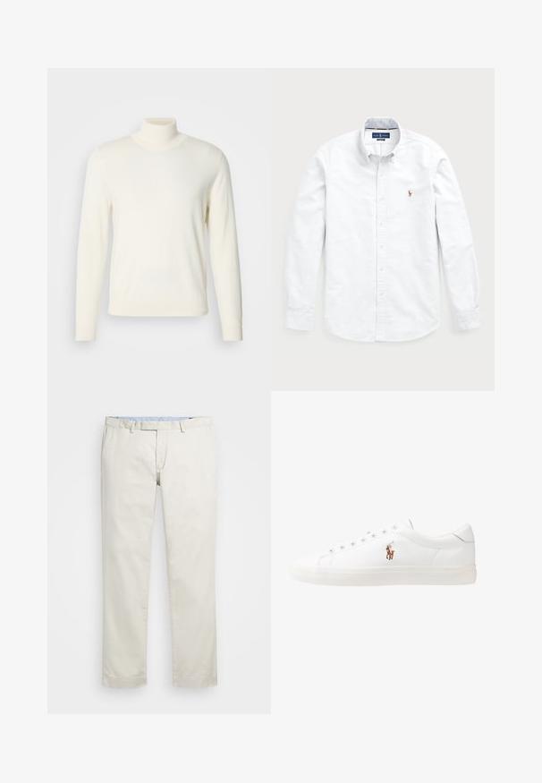 Cremfarbener Rollkragenpullover aus weichem Material, mit langen Ärmeln und figurbetonter Silhouette, ohne sichtbare Muster oder Verzierungen.; Weißes Langarm-Hemd aus Baumwolle mit Knopfleiste. Verfügt über einen klassischen Kragen, Knopfverschluss und ein kleines gesticktes Logo auf der Brust.; Beige Baumwollchinos mit flachem Bund, Gürtelschlaufen und Seitentaschen. Gerades Bein-Design mit glatter Textur und leichtem, atmungsaktivem Tragegefühl.; Weiße Leder-Sneaker, niedrig geschnitten, mit glatter Textur, runder Zehenpartie, Schnür vorne und kleinem gesticktem Logo an der Seite.