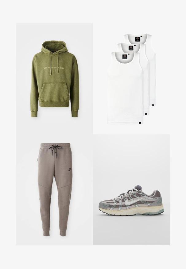 Felpa verde oliva realizzata in morbido tessuto, con tasca a marsupio, cappuccio con lacci e logo ricamato "ALPHA INDUSTRIES" in bianco.; Tre canotte bianche a coste in cotone. Presentano un colletto rotondo e piccole etichette nere vicino all'orlo. Disponibile in diverse taglie.; Pantaloni sportivi Nike grigi con cintura regolabile, gambe affusolate, tasche laterali e dettagli di cucitura distintivi. Tessuto morbido e texture.; Scarpa sportiva grigia con tomaia in mesh e suede, dettagli bianchi, suola ammortizzata e un design distintivo con elementi riflettenti.