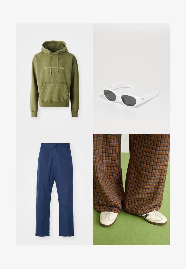 Oliwkowa bluza z kapturem wykonana z miękkiego materiału, z kangurzą kieszenią, kapturem z regulowanym sznurkiem oraz wyszywanym białym logo "ALPHA INDUSTRIES".; Granatowe, proste spodnie wykonane z bawełny. Posiadają zapięcie na guzik z przodu oraz subtelną teksturę, a także boczne kieszenie i szlufki na pasek.; Brązowo-niebieskie spódnice w kratę o szerokich nogawkach zestawione z białymi butami z czarnymi akcentami i teksturowaną podeszwą, na tle zielonego tła.; Białe okulary przeciwsłoneczne z zaokrąglonymi oprawkami i ciemnymi soczewkami. Wyróżniają się gładką plastikową teksturą i małym logo na zausznicy.