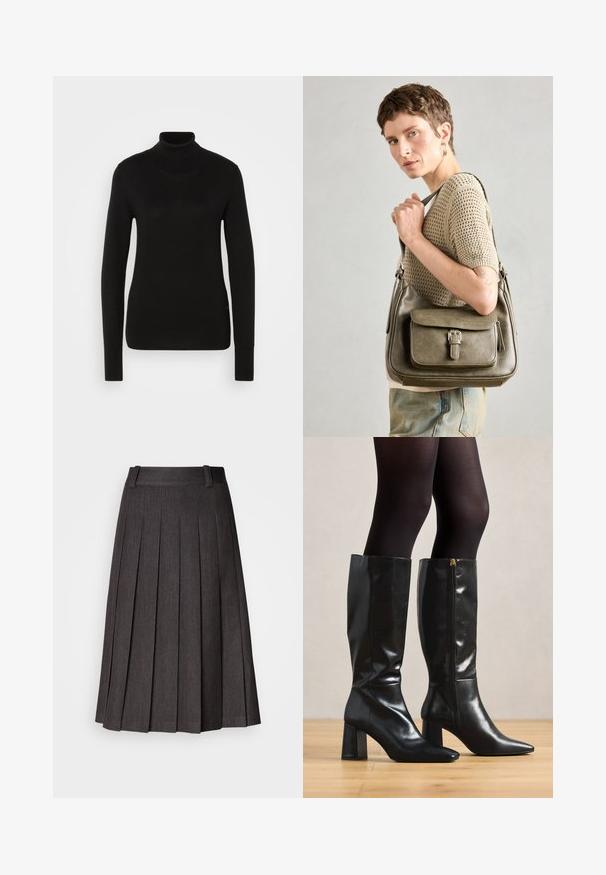 Črna turtleneck pulover z dolgimi rokavi, izdelan iz mehkega pletenega materiala. Ima prilegajoč silhueto ter rebraste poudarke na ovratniku in robu.; Siva plisirana krila z ravnim pasom, midi dolžine, z gladko teksturo, ki vsebuje ostra, enakomerno razporejena pliskanja po vsej površini.; Črne usnjene škornje do kolen z sijočo površino, špičastim nosom in debelejšim peto. Detajl z božnim zadrgo za enostavno obuvanje.; Olivnozeleni usnjeni ročni torbici z sprednjim pokrovom, nastavljivim trakom in srebrnimi kovinskimi detajli, prikazani na modelu, ki nosi pleteno majico.; Srebrna obročasta uhana s polirano površino, ki vključuje majhne zlate poudarke in okroglo obliko, nošena na ušesnem lobu.