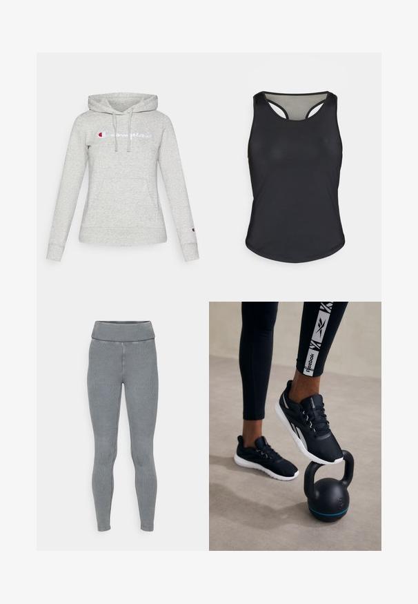 Hanorac gri deschis dintr-o țesătură moale; dotat cu un buzunar frontal, glugă ajustabilă cu șnur și logo brodat "Champion" în culorile albastru și roșu.; Tricou sport negru fără mâneci, cu hem rotunjit, design tip racerback și material neted, elastic. Prezintă un logo subtil pe partea de jos.; Leggings griși cu pipărie, prezentând o talie elastică largă și o croială ajustată. Realizate dintr-un material elastic cu o textură netedă.; Pantofi sport negri cu un superior texturat, talpă albă și accente gri, amplasați pe o greutate neagră cu o dungă albastră, pe un fundal neutru.