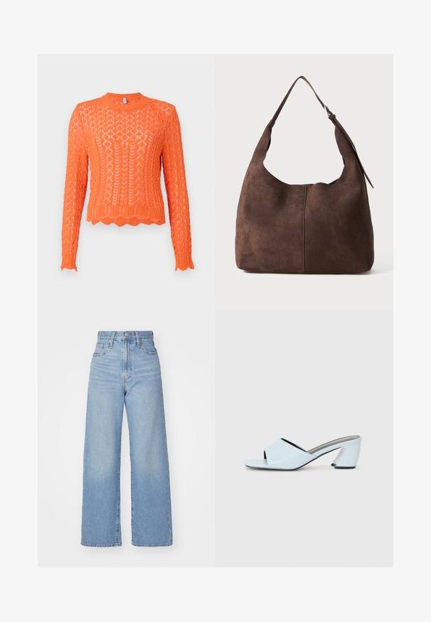 Helle orange gestrickte Pullover mit einem strukturierten Rautenmuster, Rundhalsausschnitt mit Rippen und gewelltem Saum. Lange Ärmel mit gerippten Bündchen.; Hellblaue High-Waist-Weite-Leg-Jeans mit Knopf- und Reißverschluss vorne, Vorder- und Rückentaschen, auf weißem Hintergrund.; Hellblaue offene mules mit Absatz und geometrischem Design, ausgestattet mit einem breiten Riemen über dem Fuß und einem dicken, winkligen Absatz.; Braune Wildleder-Umhängetasche mit einer lässigen Form, breitem Einzeltrageriemen und einer Naht in der Mitte. Glatte Textur, minimaler Hardwareeinsatz.