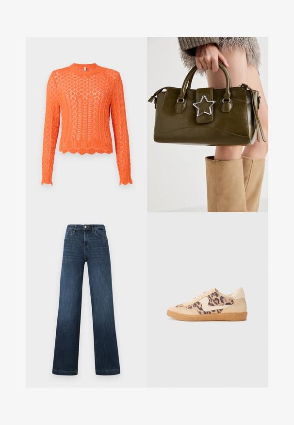 Pull en tricot orange vif avec un motif en diamant texturé, col rond côtelé et ourlet festonné. Manches longues avec des poignets côtelés.; Jean en denim bleu foncé à coupe large, doté de cinq poches et d'une fermeture à bouton sur le devant. Texture lisse et détails de couture classiques.; Baskets en imprimé léopard avec tige en suède beige, semelle en caoutchouc tan et accents blancs. Bout rond et design à lacets avec une finition texturée.; Sac à main en simili cuir vert olive avec accent étoilé argenté, deux poignées et fermeture éclair. Surface texturée et forme structurée.