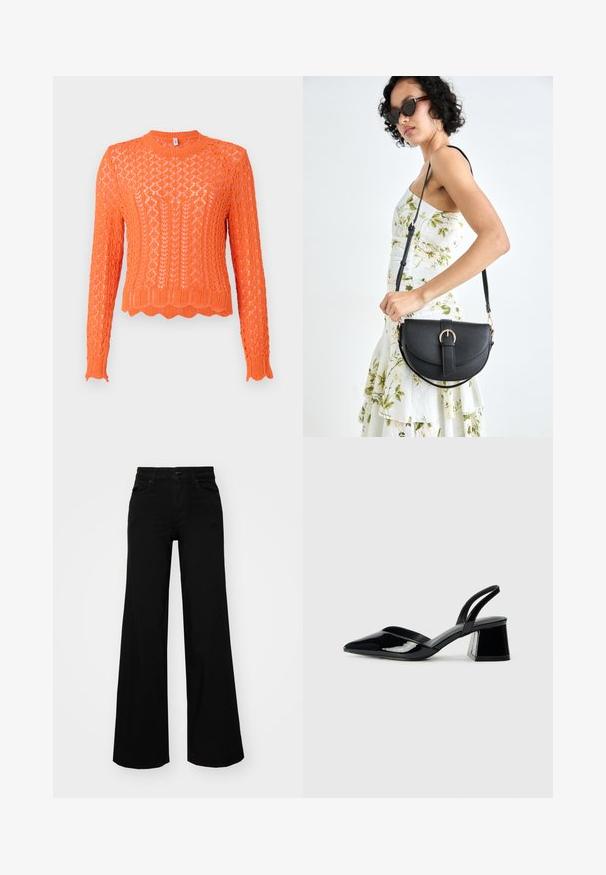 Pull en tricot orange vif avec un motif en diamant texturé, col rond côtelé et ourlet festonné. Manches longues avec des poignets côtelés.; Pantalons large en denim noir, dotés d'une taille structurée, de passants de ceinture et de poches avant. Texture lisse avec un design classique.; Escarpins en cuir verni noir avec bout pointu et talon bloc géométrique. Présente un design élégant et minimaliste ainsi qu'une texture lisse.; Sac à main en cuir noir avec une forme courbée, bandoulière amovible et des accessoires en or. Le sac est doté d'un rabat avec un détail de boucle.