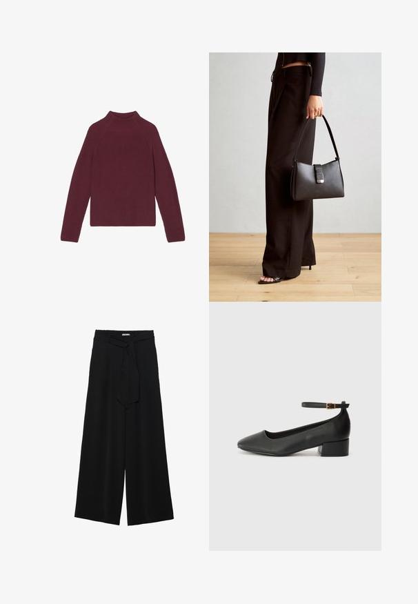 Marc O'Polo REGULAR - Vesta - deep ruby; Crne široke hlače od teksturirane tkanine, s elastičnom pojasom i odvojivim remenom na struku za prilagodivo pristajanje.; Crne kožne pumpe s oštrim vrhom i niskom blok petom. Sadrže remen oko gležnja s zlatnim kopčanjem. Glatka tekstura.; Crna torba s oblikom koji sadrži strukturu, glađu teksturu i metalnu kopču. Uparena s širokim crnim hlačama i sandalama na otvorenom s drvenog poda.