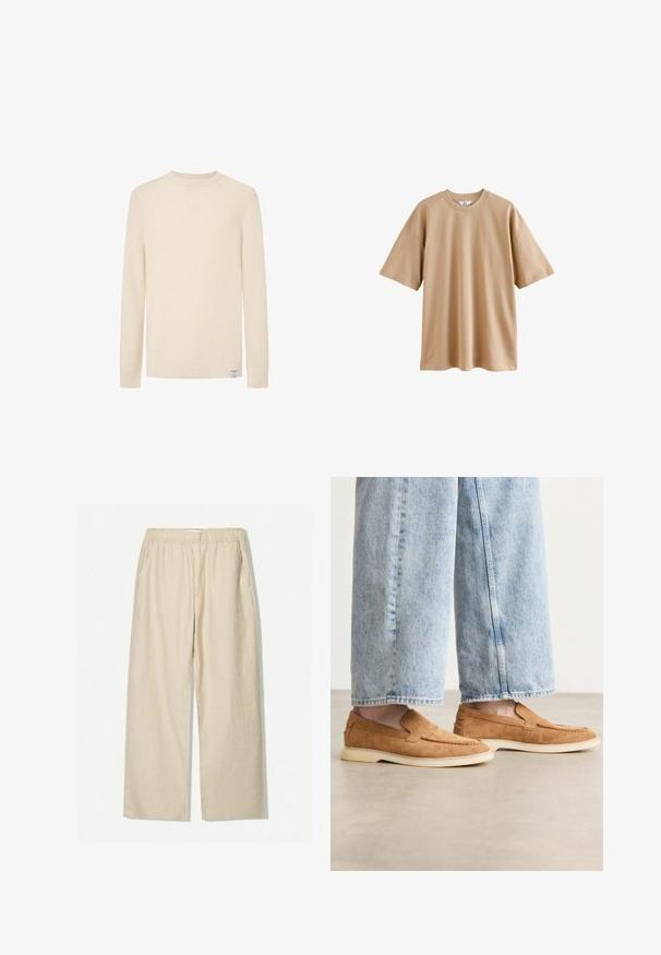 Kremno obarvan pleteni pulover z okroglim ovratnikom, dolgimi rokavi ter rebrastimi manšeti in robom. Ima majhen znak blagovne znamke na spodnjem delu.; Bež majica s kratkimi rokavi, izdelana iz bombaža, z okroglo ovratnikom in sproščenim krojem, z gladko teksturo in brez vzorcev ali poudarkov.; Bežene lanene hlače širokih hlačnic z elastičnim pasom in stranskimi žepi. Tkanina ima teksturiran, naraven videz.; Rjave suedne natikače z nizkim profilom, kremasto zunanjostjo in detajli stikanja, v kombinaciji z svetlo modrimi kavbojkami.