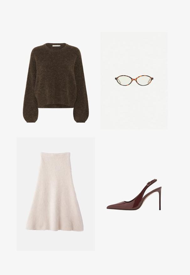 Pulover tricotat, maro, cu o croială lejeră, decolteu rotund, mâneci lungi tip bufantă și un material moale, texturat. Lungime scurtă.; O fustă A-line de un bej deschis, confecționată dintr-un material moale și Texturat, având o talie netedă și o siluetă fluidă.; Pantofi cu toc înalt slingback din piele laică de culoare marron închis, cu vârf ascuțit, curea reglabilă și toc subțire stiletto.; Ochelari cu ramă din tartan, cu lentile ovale și un finisaj elegant, neted. Prezintă margini subțiri cu o curbură subtilă la tâmple. Lentile clare.