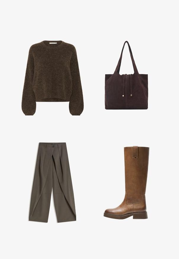 Maglione lavorato a maglia marrone con vestibilità rilassata, collo rotondo, maniche lunghe a sbuffo e tessuto morbido e texturizzato. Lunghezza cropped.; Pantaloni a gamba larga realizzati in un tessuto testurizzato grigio scuro. Presentano una piega frontale, chiusura con bottone e tasche laterali per praticità.; Stivale marrone in pelle alto fino al ginocchio, con punta tonda, superficie testurizzata e tacco basso impilato. Presenta un pannello laterale e una linguetta di apertura in cima.; Mango Shopping bag - dark brown