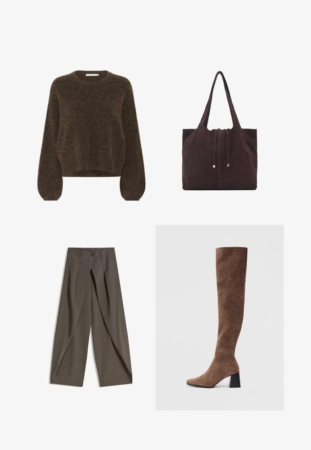 Hnědý pletený svetr s uvolněným střihem, kulatým výstřihem, dlouhými balónovými rukávy a měkkou, texturovanou tkaninou. Zkrácená délka.; Kalhoty s širokými nohavicemi vyrobené z texturované tkaniny tmavě šedé barvy. Obsahují přední záhyb, zapínání na knoflík a boční kapsy pro praktičnost.; Hnědé kozačky nad kolena vyrobené z měkké semiše s špičatou špičkou a silným černým podpatkem. Design obsahuje bezešvé švy pro elegantní vzhled.; Mango Velká kabelka - dark brown