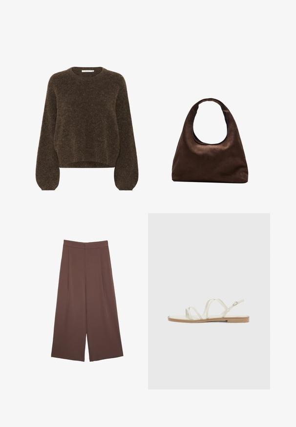 Brauner Strickpullover mit lässiger Passform, rundem Ausschnitt, langen Puffärmeln und weicher, strukturierter Stoffqualität. In cropped Länge.; Braune Weite-Leg-Hosen mit einer glatten Textur, hoher Taille und Vorderfalten. Der Stoff ist leicht und fällt locker.; Hellbeige Sandalen mit mehreren dünnen Riemen, einem verstellbaren Knöchelriemen und einer flachen Sohle mit holzähnlicher Oberflächenstruktur.; Weiche braune Hobo-Stil Handtasche mit einem einzigen breiten Trageriemen und einer geschwungenen Oberteilöffnung, auf einem weißen Hintergrund präsentiert.