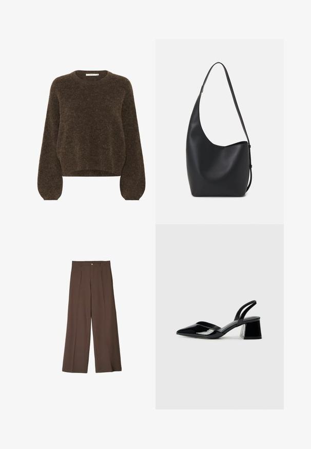 Brown knitted sweater with a relaxed fit, round neckline, long puff sleeves, and soft, textured fabric. Cropped length.; Brown, wide-leg trousers made of textured fabric, featuring a front pleat and a single button closure at the waistband.; Black patent leather slingback heels with a pointed toe and a geometric block heel. Features a sleek, minimal design and smooth texture.; Black leather hobo bag with a smooth texture, curved shape, and single adjustable strap; features a wide opening at the top.