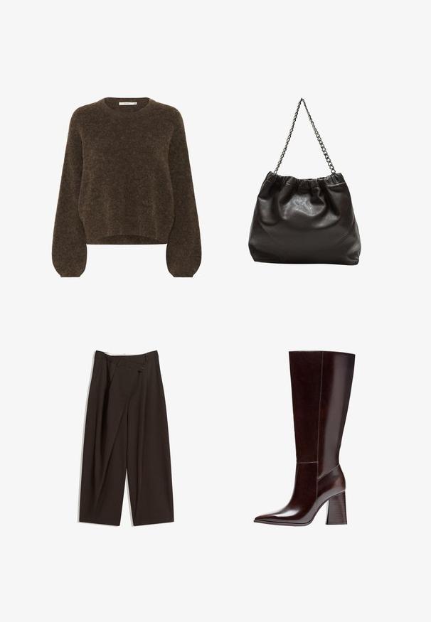 Rjav pleten pulover z sproščenim krojem, okroglo ovratnikom, dolgimi napihnjenimi rokavi in mehkimi, teksturiranimi tkaninami. Skrajšana dolžina.; Temno rjave široke hlače z visokim pasom, ki imajo en gumb za zapiranje in zamaščen sprednji del. Narejene so iz lahkega blaga.; Rjavi usnjeni čevlji do kolen s koničastim nosom in teksturiranim blokom pete. Ponuja čiste linije in minimalne šive.; Rjava usnjena torba z nabranim vrhom in verižnim trakom. Gladka tekstura z sijajno površino in subtilnimi šivi na straneh.