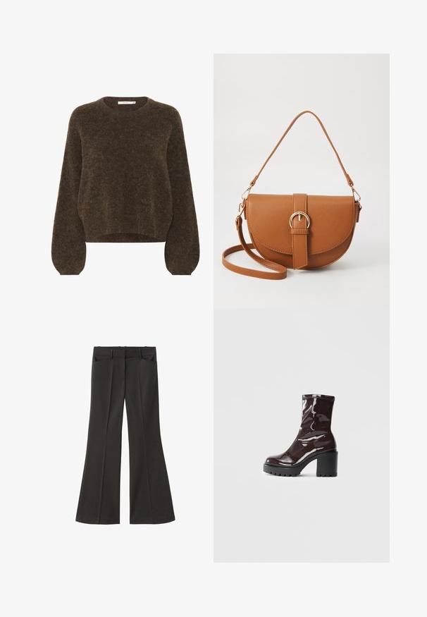 Maglione lavorato a maglia marrone con vestibilità rilassata, collo rotondo, maniche lunghe a sbuffo e tessuto morbido e texturizzato. Lunghezza cropped.; Pantaloni neri a zampa d'elefante con vita alta; presentano due tasche frontali e una texture del tessuto liscia. Adatti per varie occasioni.; Stivale alla caviglia bordeaux lucido con un tacco spesso nero, caratterizzato da una superficie liscia e un design semplice. Nessuna chiusura visibile o motivo.; Borsa a tracolla in pelle marrone con forma curvata, hardware dorato e un dettaglio con fibbia. Presenta una tracolla rimovibile.