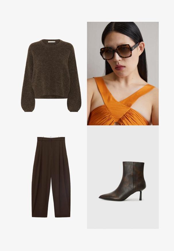 Brązowy sweter dzianinowy o luźnym kroju, okrągłym dekolcie, długich, bufiastych rękawach i miękkim, teksturowanym materiale. Krótka długość.; Brązowe spodnie z wysokim stanem z zakładkami, wykonane z gładkiego materiału. Luźny krój, prosta nogawka, z różkami na pasek i suwakiem.; Brązowy skórzany botek za kostkę z wydłużonym noskiem, smukłym wzornictwem i cienkim czarnym obcasem. Teksturowana powierzchnia z subtelnym wzorem.; Brązowe okulary przeciwsłoneczne w tortoise shell o dużym prostokątnym oprawie i gradientowych soczewkach. Złota detalacja logo po boku.; Brązowa torebka zamszowa z długim skórzanym paskiem, srebrnymi akcentami, prostokątnym kształtem i płaską klapą z centralnym ozdobnym elementem.