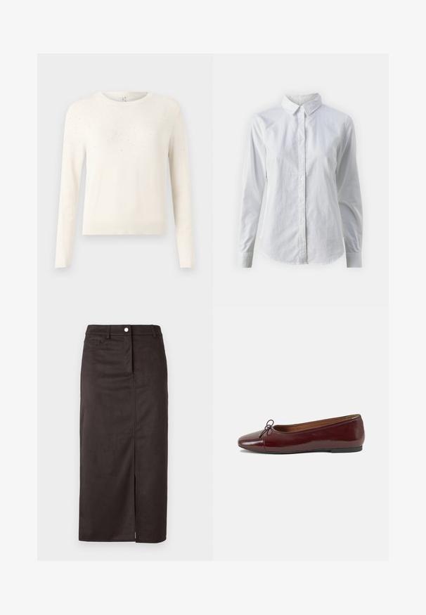 Kremfarget strikkegenser med lange ermer, rund hals og et strukturert mønster av små, lysreflekterende detaljer på skuldrene.; Hvit skjorte med knapper laget av glatt bomull, med klassisk krage, lange ermer og buet skjær. Knapper er små og hvite.; Brun, kneelengde skjørt laget av glatt stoff. Har en frontsplitt, knappelukking og sidelommer for ekstra funksjonalitet.; Burgunderrød lakk lær ballettleilighet med rund tå, liten sløyfe foran og en lav, svart gummisåle. Glatt tekstur.