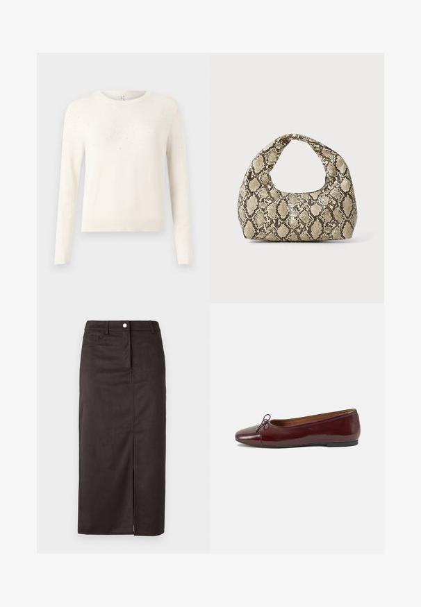 Kreemikootud sviiter pika varrukaga, ümmargune kaelus ja tekstuuriline muster väikestest, valguse peegeldavatest aktsentidest õlgadel.; Pruun, põlvepikkune seelik, mis on valmistatud siledast kangast. Omab esist lõhet, nööbikinnitust ja küljetaskuid lisafunktsionaalsuse jaoks.; Burgundi patendnahk kingad balletitüüpi, ümmarguse ninaosa, ees väike paelaaktsent ja madal must kummist tald. Sile tekstuur.; Musta käärmeprindiga kott kõveraga käepidemega. Valmistatud tekstiilsetest, beežidest ja pruunidest materjalidest, millel on iseloomulik rombikujuline muster.