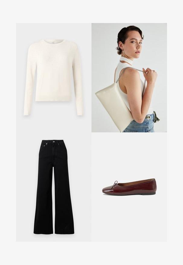 Cream knitted sweater with long sleeves, round neck, and a textured pattern of small, light-reflective accents on the shoulders.; Black wide-leg jeans made from denim, featuring a high waist, five pockets, front button closure, and minimal stitching details.; Burgundy patent leather ballet flat with a rounded toe, small bow accent at the front, and a low, black rubber sole. Smooth texture.; White rectangular clutch bag made of glossy material, featuring a silver chain strap. Model poses, showcasing the bag against a plain background.