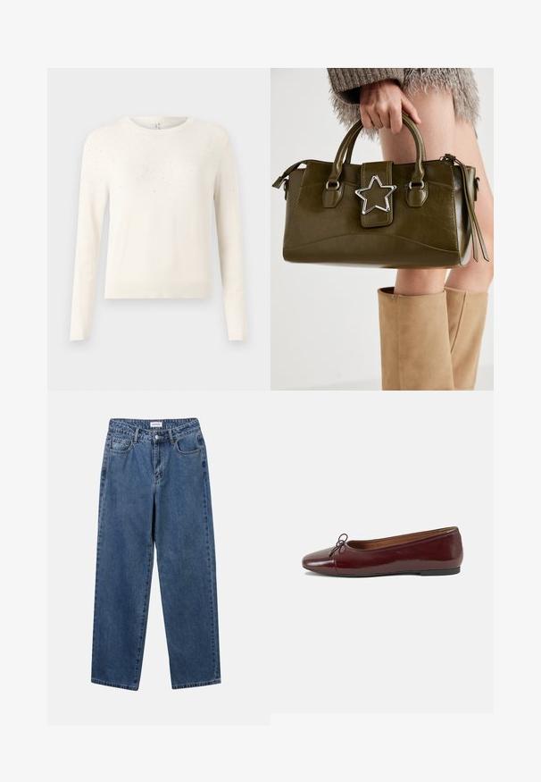 Kremfarget strikkegenser med lange ermer, rund hals og et strukturert mønster av små, lysreflekterende detaljer på skuldrene.; Klassiske blå denimjeans med rett ben-design, fem lommer og knappelukking. Har en middels vask og solid tekstur.; Burgunderrød lakk lær ballettleilighet med rund tå, liten sløyfe foran og en lav, svart gummisåle. Glatt tekstur.; Oliven grønn faux lær håndveske med sølvstjerneakcent, doble håndtak og glidelåslukking. Teksturert overflate og strukturert form.