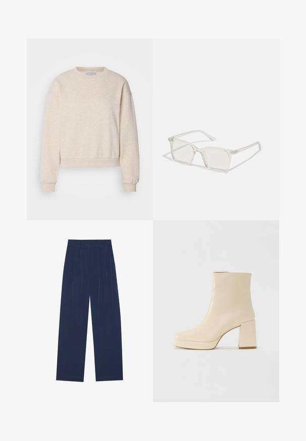 Lys beige genser laget av myk stoff, med rund hals, droppede skuldersømmer, og ribbede mansjetter og kant.; Marineblå bukser med vide ben laget av mykt stoff, med frontfolder, en glatt tekstur og en rett passform uten synlige lommer.; Beige lærankelstøvlett med blokkhæl og plattformsåle, glatt overflate og lett firkantet tå, vendt mot venstre på hvit bakgrunn.; Klare plastiske briller med kvadratisk innfatning og gjennomsiktige linser, med gullfiner på brillestengene for ekstra detalj.; Kremfarget polstret hodebånd med tvunnet design, kombinert med en beige og hvit stripete skjorte med rund halsutskjæring. Subtile smykker som aksenter.