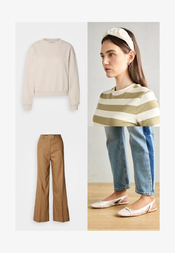 Licht beige sweatshirt gemaakt van zachte stof, met een ronde halslijn, doorhangende schoudernaden en ribgebreide manchetten en zoom.; Bruine wijde broek van lichtgewicht stof. Heeft een platte voorkant, riemlussen en een getailleerde pasvorm met een enkel-lange snit.; Zachtroze slingback ballerina's met een spitse neus, gemaakt van een glad leerachtig materiaal. Bevat uitsnijdingen aan de zijkanten en heeft een platte hak.; Crème geklede hoofdband met gedraaide ontwerp, gecombineerd met een beige en witte gestreepte shirt met een ronde hals. Subtiele sieradenaccenten.