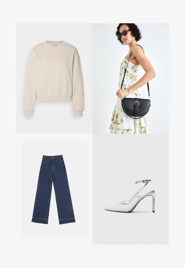 Svetlo bež sweatshirt iz mehkega materiala, ki ima okrogel izrez, spuščene ramenske šive ter rebraste manšete in polovico.; Široke traperice v temno modrem denimu. Imajo pet žepov, zanke za pas in surov rob na dnu z vidnimi šivi.; Prozoren špikasti petni čevelj s koničastim nosom, iz prozornega materiala, s kovinskimi srebrnimi dodatki in nastavljivim trakom za gleženj.; Črna usnjena torbica s ukrivljeno obliko, z odstranljivo naramnico in zlatimi dodatki. Torbica ima pokrov s podrobnostmi v obliki zaponke.