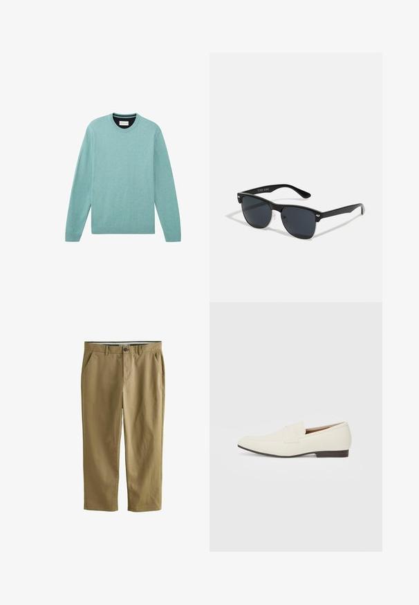 Pulover teal deschis, confecționat dintr-un material moale, având mâneci lungi, guler rotund, manșete sau rib tușate și o suprafață simplă cu o textură subtilă.; Chino khaki din amestec de bumbac, dotat cu două buzunare laterale, închidere cu un nasture, picioare drepte și o textură netedă.; Loafers bej cu un vârf ascuțit, dintr-un material neted, cu o bandă peste vamp și o talpă joasă maro. Design simplu cu accente minime.; Ochelari de soare negri cu o formă rectangulară, lentile întunecate, accente argintii la tâmple și un finisaj mat pe cadru.