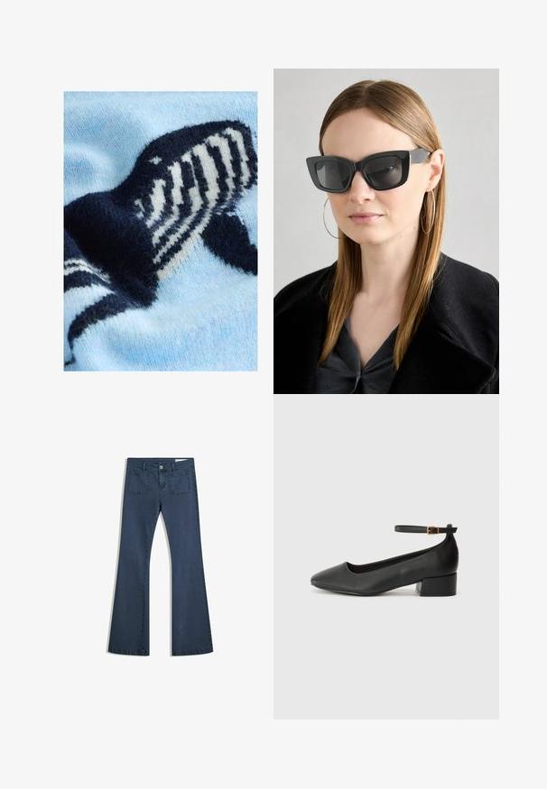 Svijetloplavi pleteni džemper s dizajnom tamnoplave i bijele kita. Mekana tekstura s istaknutim pletenim uzorkom.; Tamno plavi traperice s izrezanim nogavicama, šivanim džepovima, kopčanjem na dugme i glatkom teksturom. Imaju klasičan dizajn s pet džepova.; Crne kožne pumpe s oštrim vrhom i niskom blok petom. Sadrže remen oko gležnja s zlatnim kopčanjem. Glatka tekstura.; Crne mačje naočale s tamnim staklima, debelim okvirima i suptilnim detaljima. Nosit će se s crnim kaputom i sivoj majici, s dugom ravnom kosom.