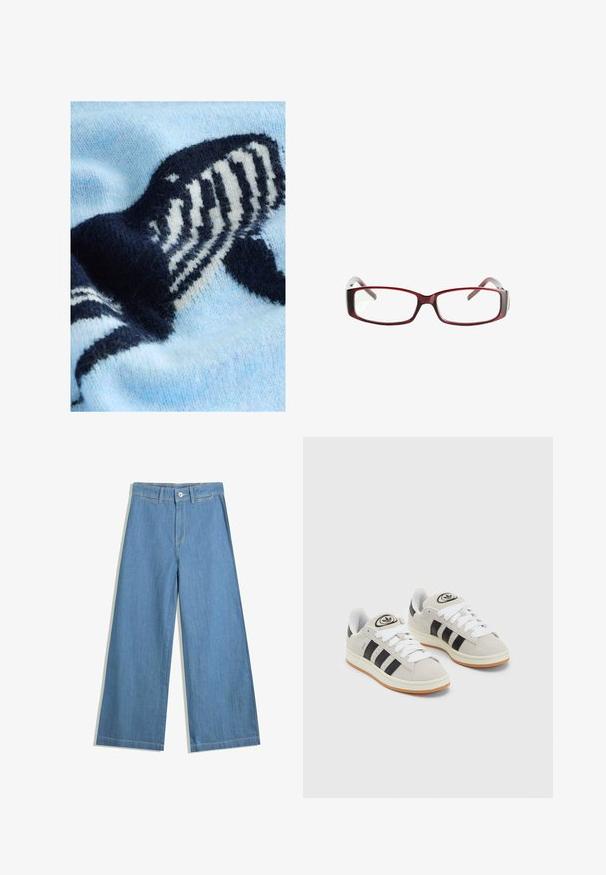 Světlomodrý pletený svetr s motivem velryby v tmavě modré a bílé barvě. Jemná textura s výrazným pleteným vzorem.; Světle modré široké džíny vyrobené z denimu, s uzávěrem na knoflík, poutky na pásek a jemnými detaily šití.; Šedé semišové tenisky s bílými tkaničkami, černými pruhy a bílou gumovou podrážkou. Mají kulaté logo na jazyku a gumovou podrážku.; Červené obdélníkové brýle s elegantním designem. Průhledné čočky, mírně průsvitné stranice a přechodový efekt z červené do šedé.