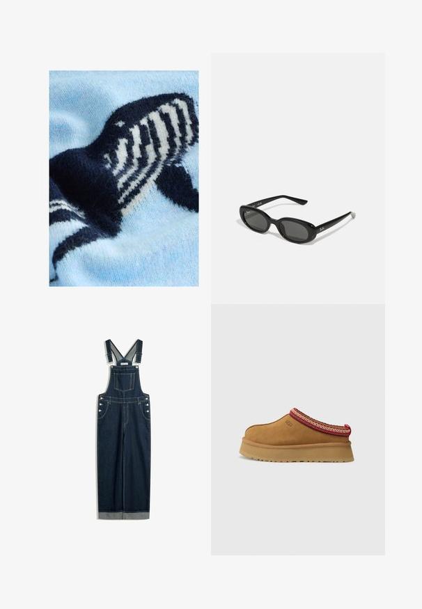 Svijetloplavi pleteni džemper s dizajnom tamnoplave i bijele kita. Mekana tekstura s istaknutim pletenim uzorkom.; Tamni plavi traperici s naramenicama koje se mogu prilagoditi, prednjim džepom, bočnim dugmadi i širih nogavica s preklopom.; Smeđe zamšaste cipele na sklizanje s crveno-cream uzorkom oko ruba, teksturiranim potplatom i UGG logom sa strane. Imaju blagu platformu.; Crne sunčane naočale s ovalnim lećama, sjajnim plastičnim okvirom i tankim krakovima. Značajka je Ray-Ban logo u bijeloj boji s strane.; Srebrne naušnice u obliku kružnice s glatkom, poliranom površinom i tankim, okruglim oblikom. Dizajn uključuje sigurno kopčanje.