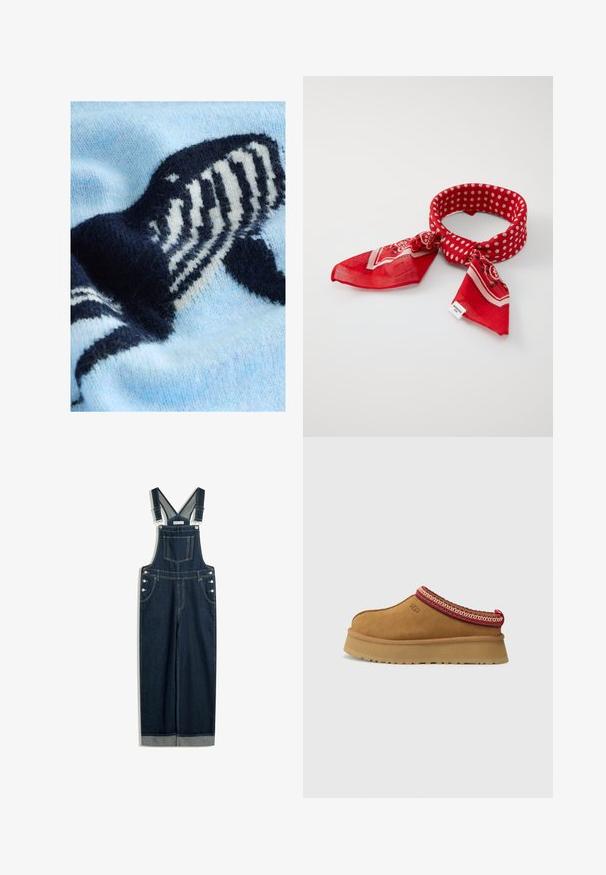 Světlomodrý pletený svetr s motivem velryby v tmavě modré a bílé barvě. Jemná textura s výrazným pleteným vzorem.; Džínové lacláče v tmavě modré barvě, s nastavitelnými popruhy, přední kapsou, bočními knoflíky a širokými nohavicemi s ohrnutím.; Hnědé semišové slip-on boty s červeným a krémovým vzorovaným lemem, texturovanou podrážkou a logem UGG po straně. Obsahují mírnou výšku platformy.; Červený šátek s bílými puntíky a vzorovaným lemem. Vyrobený z lehké tkaniny, má uzlový design se špičatými konci.