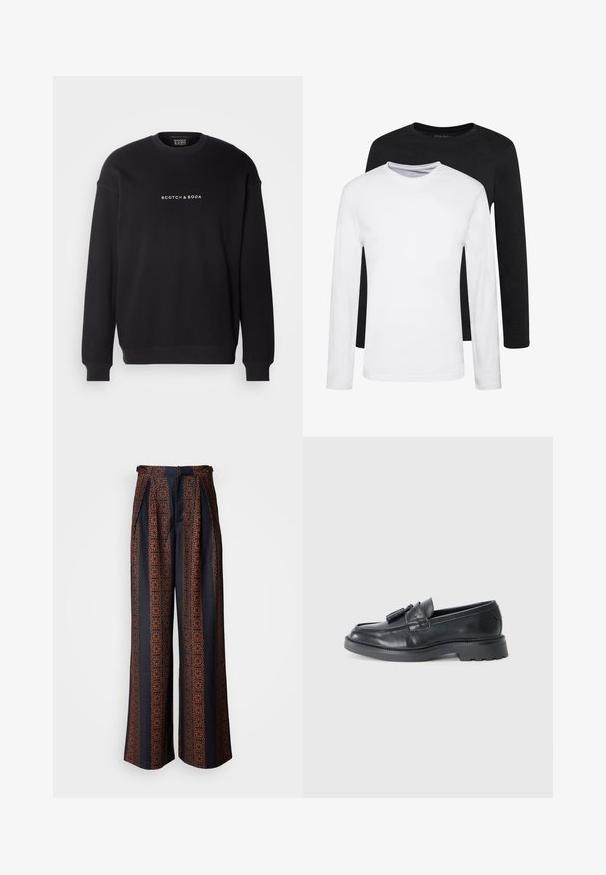 Scotch & Soda CORE LOGO FRONT CHEST - Felpa - black; Due camicie a manica lunga, una nera e una bianca, realizzate in cotone con scollo rotondo e una texture liscia, esposte in un disposizione impilata.; Pantaloni a gamba larga in tessuto blu scuro con un intricato motivo geometrico arancione, con vita aderente e pieghefrontali.; Mocassini in pelle nera con punta arrotondata, una fascia con nappine e una suola spessa con motivo a trazione. Texture liscia e design classico.