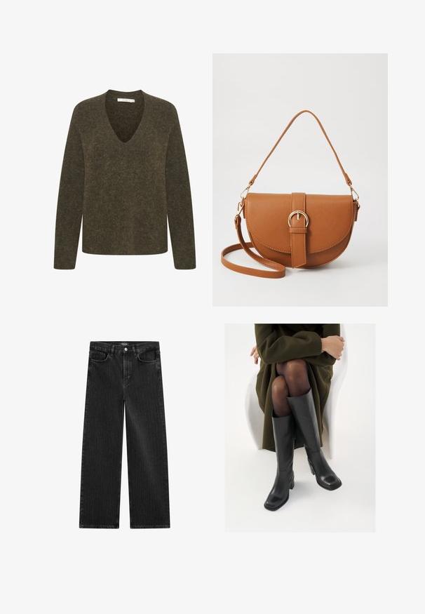 Olivgrüner, langärmeliger Pullover mit V-Ausschnitt. Weicher, strukturierter Stoff mit einem leicht lockeren Schnitt und minimalen Nähdetails.; Weite schwarze Denim-Jeans mit feinem vertikalen Streifenmuster, ausgestattet mit einem Fünf-Taschen-Design und einem klassischen Knopfverschluss an der Taille.; Knöchelhöhe schwarze Lederstiefel mit quadrater Spitze und Blockabsatz, gezeigt mit einem Modell, das einen olivgrünen Mantel trägt. Glatte Textur, minimale Details.; Braune Leder-Crossbody-Tasche mit geschwungener Form, goldfarbenen Beschlägen und einer Schnallenakzentuierung. Verfügt über einen abnehmbaren Schultergurt.