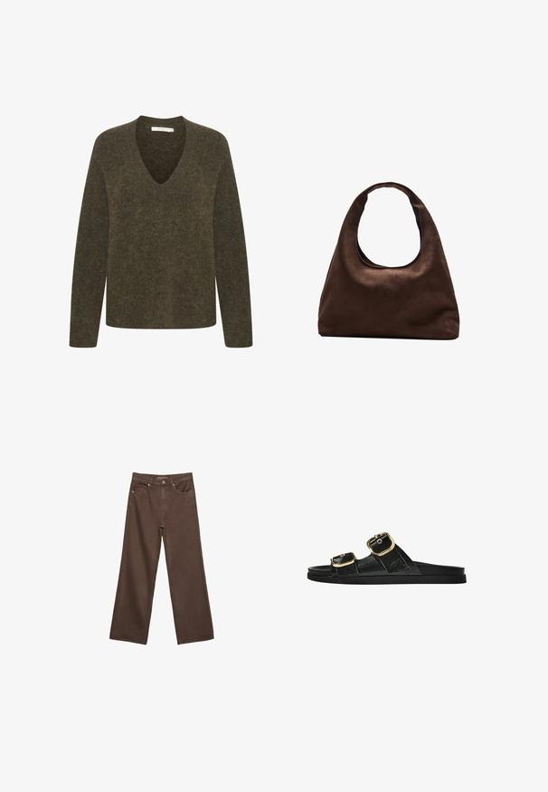 Maslinasto zelena, dugotrajna majica s dugim rukavima i V-izrezom. Mekana, teksturirana tkanina s lagano opuštenim krojem i minimalnim detaljima šivanja.; Proširene smeđe traperice od denima, s visokim strukom, prednjim džepovima i klasičnom kopčom na dugme. Glatka tekstura s suptilnim šavovima.; Crne sandale na klizanje s dva zlatna akcenta u obliku kopči, glatkog teksturiranog materijala, ravnim potplatom i minimalističkim dizajnom.; Meka mekana smeđa torba hobo stila s jednim širokim remenom i zakrivljenim otvaranjem na vrhu, prikazana na bijeloj pozadini.