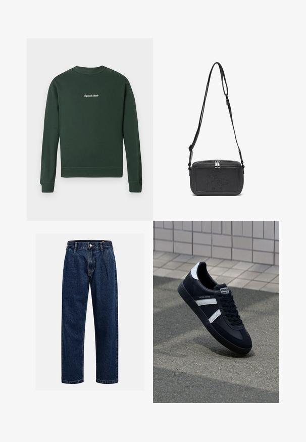 Vihreä huppari pitkillä hihoilla, resorilla varustetuilla hihansuilla ja helmalla, pyöreä pääntie, jossa on valkoista brodeerattua tekstiä rinnassa. Pehmeää puuvillasekoitetta.; Tummansininen farkkushortsit suoralla lahkeella. Ominaisuuksiin kuuluvat näkyvät saumat, napitus ja etulaskokset lisäyksinä.; Mustat nahkakengät valkoisilla raidoilla, teksturoitu kumipohja ja nauha edessä. Varustettu merkkitarralla kielen päällä.; Musta nahkainen olkalaukku vetoketjulla, etuosassa kohoamalla painettu logo ja säädettävä hihna. Sujuva pinta ja suorakulmainen muoto.