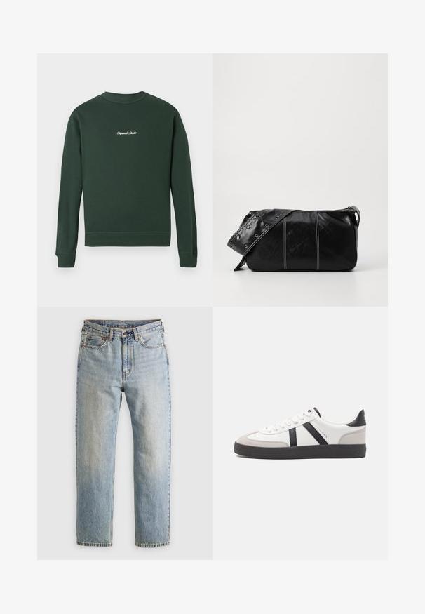 Žalias džemperis su ilgomis rankovėmis, su gniuždesio apykaklėmis ir hemu, apvalia kaklo iškirpte, su balta siuvinėta užrašu ant krūtinės. Minkšta medvilnės mišinio medžiaga.; Šviesiai mėlynos džinsinės kelnės su aukštu liemeniu, priekyje mygtukas, užtrauktukas ir penkių kišenių dizainas, išklotos ant neutralios fono.; Balti sportbačiai su juodais ir pilkais akcentais, pasižymintys tekstūruotu pilku pirštų dangteliu, juoda gumine padais ir plokščiomis baltomis raišteliais. Švarus dizainas, minimalistinis stilius.; Juodas odinis pečių krepšys su užtrauktuku, turintis tekstūruotą paviršių, baltą siuvinėjimą ir dirželį su sidabinėmis metalinėmis detalėmis.