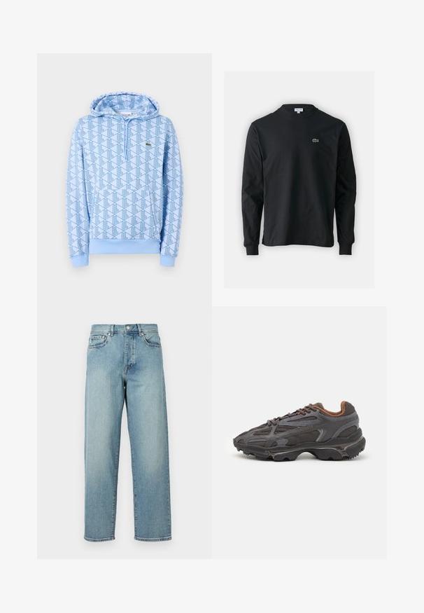 Niebieska bluza z wzorem geometrycznym, z przednią kieszenią i kapturem ze sznurkiem. Wykonana z miękkiego materiału z prążkowanymi mankietami i dołem.; Czarna koszulka z długim rękawem, wykonana z bawełny, z okrągłym dekoltem i małym haftowanym logo krokodyla w kolorze zielonym po lewej stronie klatki piersiowej.; Jasnoniebieskie dżinsy o luźnym kroju, proste nogawki, pięć kieszeni i zapięcie na guzik w talii. Minimalistyczne detale w szwie.; Sneakers Lacoste w ciemnoszarym kolorze, wykonane z siateczki i materiału syntetycznego, z teksturowaną podeszwą oraz brązowymi akcentami na kołnierzu i logotypie.