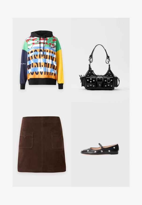Színes kapucnis pulcsi, élénk minták keverékével zöld, piros, kék, sárga és fekete színekben, kontrasztos szöveggel és grafikákkal.; Barna velúr szoknya klasszikus A-vonalú fazonnal, két elülső zsebbel kerek fedéllel és diszkrét varrási részletekkel.; Fekete bőr Mary Jane lapossarkú cipő, lekerekített orral, ezüst színű kör alakú szegecsekkel és állítható pánttal, csattal.; Fekete bőr kézitáska ívelt designnal, ezüst szegecsekkel, csattal és két oldalsó zsebbel. Állítható vállpánt a hordozási lehetőségekhez.
