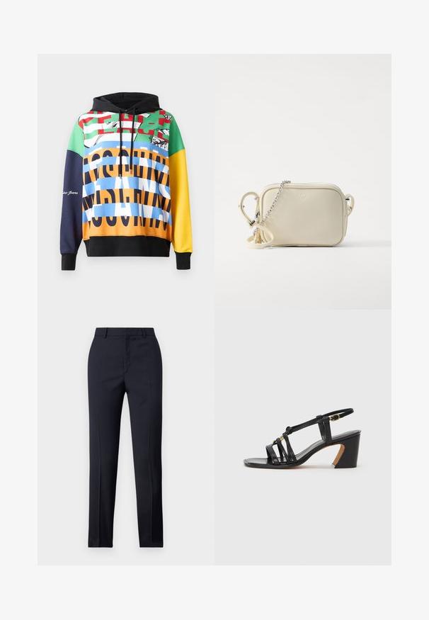 Bunte Kapuzenjacke mit einer Mischung aus kräftigen Mustern in Grün, Rot, Blau, Gelb und Schwarz, mit kontrastierenden Texten und Grafiken.; Marineblaue Tailored-Hosen mit geradem Schnitt, ausgestattet mit glattem Material, zwei frontalen Taschen und einem schlichten Bund.; Paul Smith AMIRA - Pumps - black; Cremfarbene Leder-Crossbody-Tasche mit rechteckiger Form, silberner Kettenriemen und Reißverschluss. Verfügt über abgerundete Ecken und ein dezentes Markenlogo.