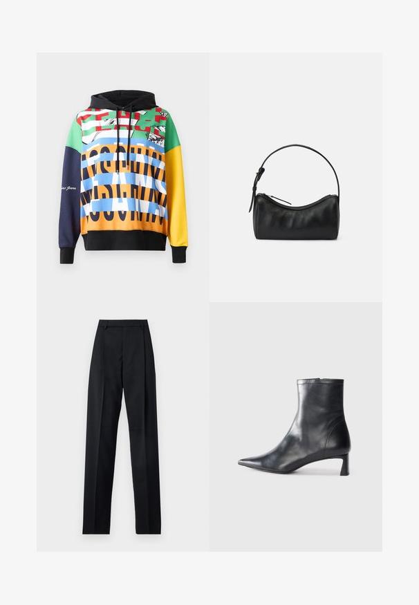 Spalvinga gobtuvė su įvairiais ryškiais raštais žalios, raudonos, mėlynos, geltonos ir juodos spalvų, su kontrastingu tekstu ir grafika.; Juodos kelnės iš lygaus audinio, pasižyminčios aukštu liemeniu, plačiomis kojomis, priekinėmis klostėmis ir klasikiais diržo kilpomis. Šoninių kišenių nematyti.; Juodas odinis kulkšninis batas su smailiu pirštu ir elegantišku dizainu. Turi žemą kulną ir užtrauktuką gale. Lygi tekstūra.; Juodas odinis petinis krepšys su kreivėmis, užtrauktuko uždarymu ir plonu dirželiu. Pasižymi lygiu paviršiumi ir subtiliais siuvinėjimo akcentais.