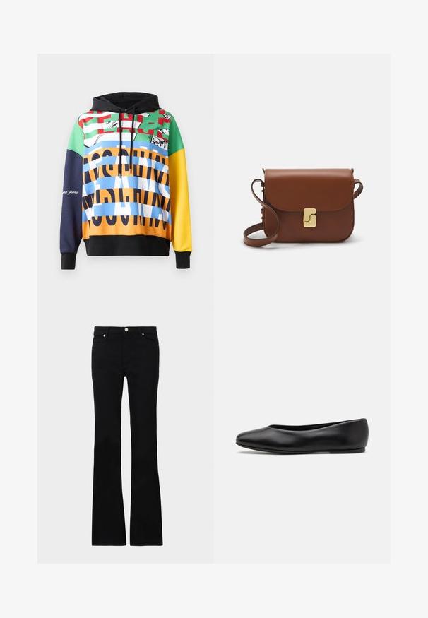 Värikäs huppari, jossa on sekoitus rohkeita kuvioita vihreässä, punaisessa, sinisessä, keltaisessa ja mustassa, sekä erottuvia tekstejä ja grafiikoita.; Mustat levenevät farkut, valmistettu denimi- materiaalista, varustettu kahdella etutaskulla, napin sulkimella ja sileällä pinnalla. Alussa näkyviä erityisompeleita.; Paul Smith TOPANGA - Ballerinat - black; Ruskea nahkainen käsilaukku, jossa on läppäkiinnitys, kultasävyiset yksityiskohdat, olkahihna ja sileä pinta. Kompaktin suorakaiteen muotoinen.