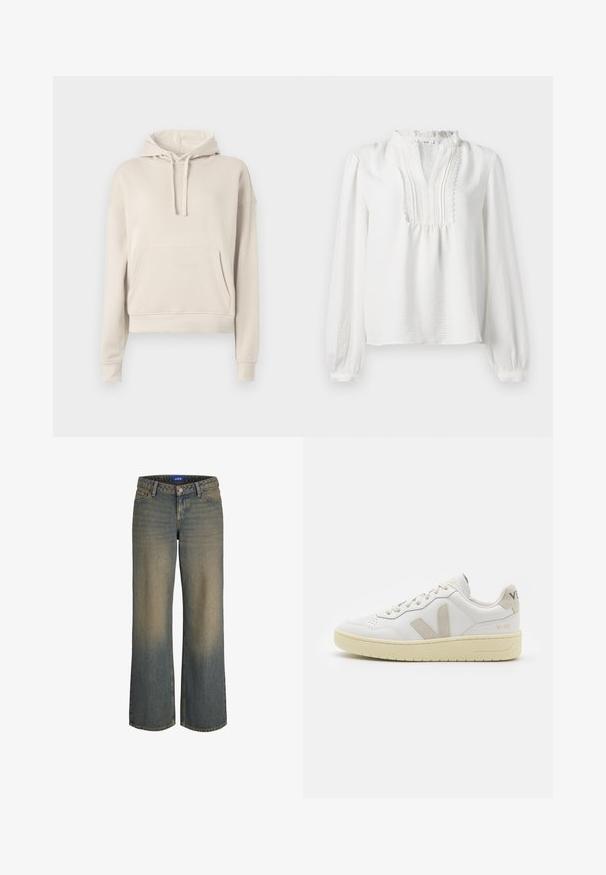 Béžová mikina vyrobená z mäkkého materiálu, so prednou kapsou, nastaviteľnou kapucňou so šnúrkou a rebrovanými manžetami a lemom.; Biela blúzka s dlhými rukávmi, volánikovým výstrihom, skladaným predným detailom a elastickými manžetami. Mäkká tkanina s mierne textúrovaným povrchom.; Džínsy s širokými nohavicami v modrej farbe s prechodom od svetlej po tmavú, s dizajnom piatich vreciek a zapínaním na gombíky. prešité detaily na okrajoch.; Biele kožené tenisky s béžovými semišovými akcentmi, perforovanou špičkou, plochými šnúrkami a textúrovanou krémovou podrážkou. Obsahujú jemné označenie na päte.