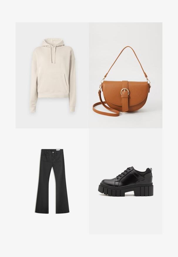 Beige hoodie van zacht materiaal, met een voorzak, verstelbare trekkingkap en ribgebreide mouwen en onderkant.; Zwarte flared jeans van denim met een gladde textuur, voorzien van twee achterzakken en een knoopsluiting bij de taille.; Zwarte leren platform schoenen met een stevige blokhak, ronde neus en een traditionele vetersluiting. Kenmerkt zich door een gladde textuur en minimale details.; Bruine leren schoudertas met een gebogen vorm, gouden hardware en een gespaccent. Bevat een afneembare schouderriem.