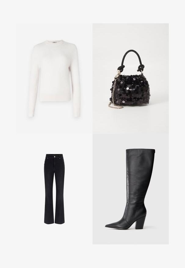 Maglione a costine di colore crema chiaro con maniche lunghe e scollatura tondeggiante. Tessuto morbido e design aderente con polsini e orlo a contrasto.; Jeans a zampa d'elefante in denim nero con vita alta, design a cinque tasche e dettagli metallici sui lati. Tessuto morbido e vestibilità classica.; Stivale in pelle nera al ginocchio con punta affilata e tacco alto spesso, mostrato in profilo laterale sinistro su sfondo bianco.; Mini borsa a tracolla nera in paillettes con una tracolla texturizzata annodata e catena argentata. Forma rotonda con parte superiore arricciata e dettagli riflettenti.