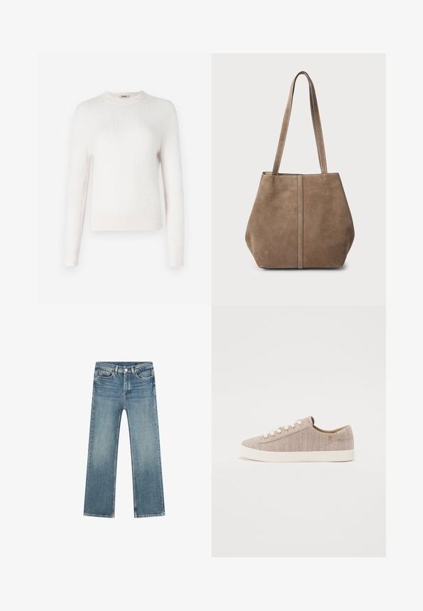 Licht crème ribgebreide trui met lange mouwen en een ronde halslijn. Zachte textuur en een getailleerd ontwerp met contrasterende manchetten en zoom.; Lichtblauwe denim jeans met een rechte snit, vijf zakken ontwerp en contrasterende stiksels. Voorzien van een ritssluiting en metalen knoopsluiting.; Lichtbeige canvas sneaker met een gestructureerd oppervlak, ronde neus, witte oogjes en een crèmekleurige rubberen zool. Minimalistisch ontwerp met subtiele accenten.; Bruine suède schoudertas met twee lange handvatten, verticale naaddetails aan de voorkant en een zachte textuur. Ruimtelijk ontwerp dat geschikt is voor dagelijks gebruik.