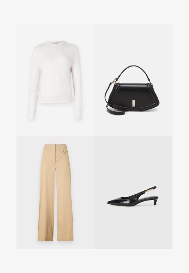 Light cream ribbed knit sweater with long sleeves and a round neckline. Soft texture and fitted design with contrasting cuffs and hem.; Beige wide-leg pants made of cotton blend fabric. Features a smooth texture, elastic waistband, and a side button detail.; Black leather slingback heels with a pointed toe, featuring a slim heel and a gold-tone accent on the adjustable strap. Smooth texture.; Black leather handbag with a structured design, featuring a cropped shape, top handle, and gold hardware accent. Adjustable shoulder strap included.