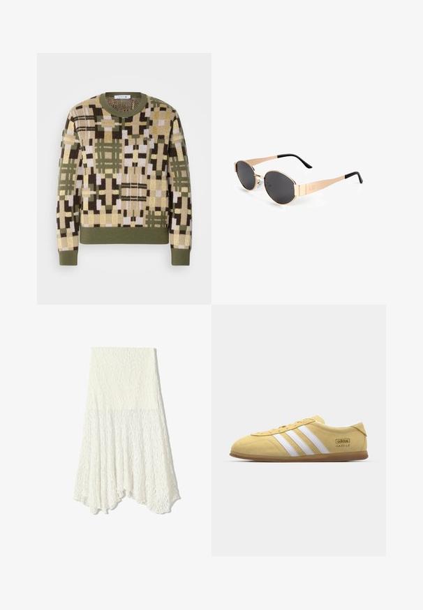 Pleteni pulover z geometrijskim vzorcem v zemeljskih odtenkih zelene, rjave in bež. Rebrast krojen ovratnik in manšete na rokavih.; Bela čipkasta krila z teksturno vzorcem, z asimetrično spodnjico in tekočo silhueto, izdelana iz lahkega materiala.; adidas Originals GAZELLE LO PRO W - Športni copati - almost yellow/footwear white; Svetlo zlatne ovalne naočale s tamnim lećama, s elegantnim dizajnom, tankim krakovima i crnim akcentom na sljepoočnici. Broj modela L37.